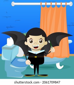 Kid dressed for Halloween holding toothbrush. Vector cartoon character illustration of kids ready to Trick or Treat.