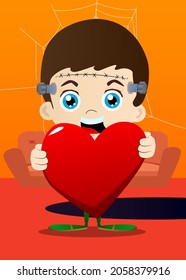 Kid dressed for Halloween hugging big red heart. Vector cartoon character illustration of kids ready to Trick or Treat.