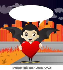 Kid dressed for Halloween hugging big red heart. Vector cartoon character illustration of kids ready to Trick or Treat.