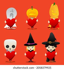 Kid dressed for Halloween hugging big red heart. Vector cartoon character illustration of kids ready to Trick or Treat.