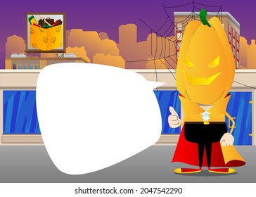 Kid dressed for Halloween making thumbs up sign. Vector cartoon character illustration of kids ready to Trick or Treat.