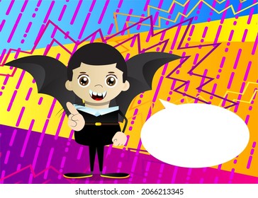 Kid dressed for Halloween saying no with his finger. Vector cartoon character illustration of kids ready to Trick or Treat.