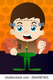 Kid dressed for Halloween showing dislike hand sign. Vector cartoon character illustration of kids ready to Trick or Treat.