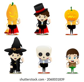 Kid dressed for Halloween showing ok sign. Vector cartoon character illustration of kids ready to Trick or Treat.