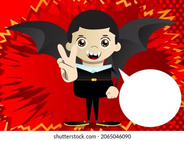 Kid dressed for Halloween showing the V sign, peace hand gesture. Vector cartoon character illustration of kids ready to Trick or Treat.