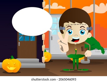 Kid dressed for Halloween showing the V sign, peace hand gesture. Vector cartoon character illustration of kids ready to Trick or Treat.