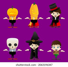 Kid dressed for Halloween shrugs shoulders expressing don't know gesture. Vector cartoon character illustration of kids ready to Trick or Treat.