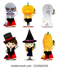 Kid dressed for Halloween talking on cell phone. Vector cartoon character illustration of kids ready to Trick or Treat.