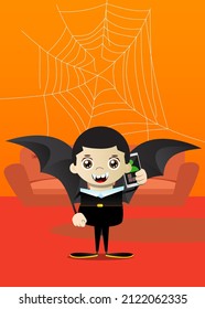 Kid dressed for Halloween talking on cell phone. Vector cartoon character illustration of kids ready to Trick or Treat.