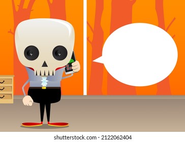 Kid dressed for Halloween talking on cell phone. Vector cartoon character illustration of kids ready to Trick or Treat.