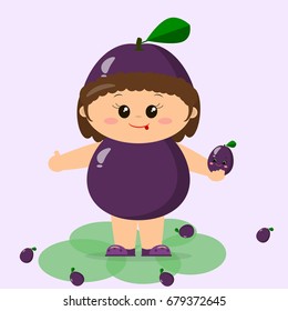 The kid is dressed in a purple plum. .Cute kid in a suit of purple plum, painted in cartoon style.
