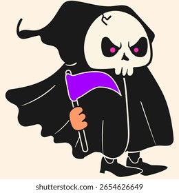 Garoto vestido com uma fantasia assustadora. Feliz Dia das Bruxas. Fantasia de Halloween estilo Doodle. Ilustração de vetor plano.