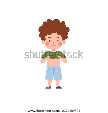 Kid dressing himself up. Cartoon cute independent boy standing undressing or dressing green t-shirt. Vector illustration kinder character development, clothes fitting isolated on white