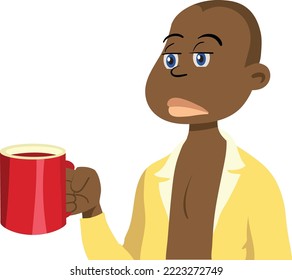 Kid drinks cocoa or cola from cup. African boy is holding glass with drink in his hands, quenches his thirst. Vector illustration isolated on white background