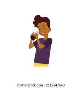Kid drinks cocoa or cola from glass. African smiling boy is holding glass with drink in his hands, quenches his thirst. Cartoon character in flat illustration isolated on white background