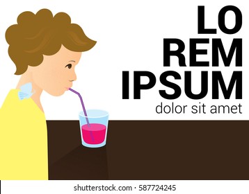 Kid drinks from the tube. Childhood vector illustration.  Lorem ipsum. 