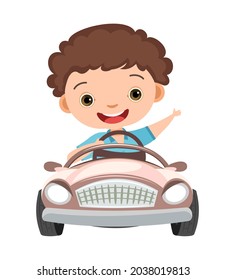 Kid Drives A Car. Childrens Automobile. Toy Vehicle. With A Motor. Nice Passenger Mini Auto. Pedal Or Electric. Isolated On White Background. Vector.