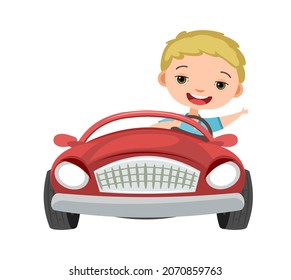 Kid Drives A Car. Red Funny Childrens Automobile. Toy Vehicle. With A Motor. Nice Passenger Auto. Pedal Or Electric. Isolated On White Background. Vector