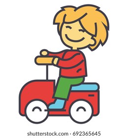 Kid driving big toy car and having fun outdoors concept. Line vector icon. Editable stroke. Flat linear illustration isolated on white background