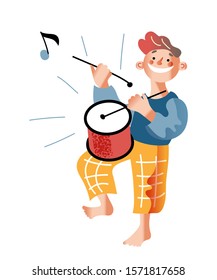 Kid with drum flat vector illustration. Smiling boy playing musical instrument cartoon character. Little musician performing music isolated on white background. Child drumming loudly. Noisy sound