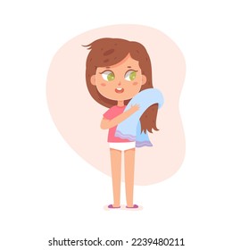 Kid drying body and hair with towel after bath vector illustration. Cartoon isolated cute baby girl holding blue blanket to dry water after taking morning shower, child standing in home bathroom