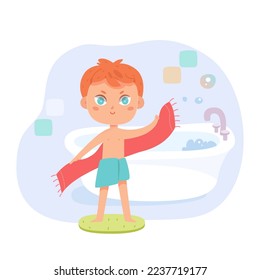 Kid drying body with towel after bath vector illustration. Cartoon cute baby boy standing near bathtub in bathroom, little child rubbing wet body with blanket to dry and wipe water, daily hygiene