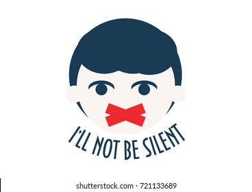 A Kid with duct tape on his face. Speak out about children rights concept vector illustration. Childhood trauma, domestic violence and society silence about it. Text: I'll not be silent.