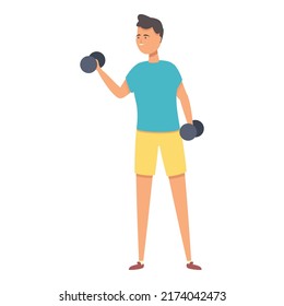 Kid dumbbell training icon cartoon vector. Sport school. Child education