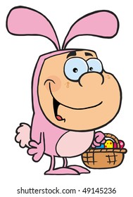 Kid In The Easter Bunny Suit Holding A Basket Of Eggs