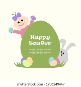 Kid with Easter colored eggs and bunny. Easter holiday. Vector illustration. Greeting card.