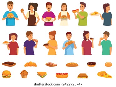 Kid eat bread icons set cartoon vector. Breakfast school. People happy meal