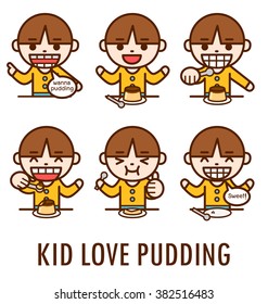 Kid eat pudding in six step, Vector illustration.