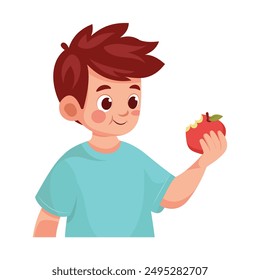 kid eat red apple vector illustration isolated white background