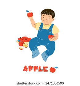 Kid Eating Apple Flat Vector Illustration. Smiling Caucasian Child, Sitting Toddler Cartoon Character. Healthy Nutrition, Vitamins For Children, Organic Food Isolated Design Element