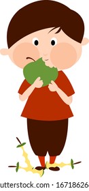 Niño comiendo manzana, ilustración, vector sobre fondo blanco.