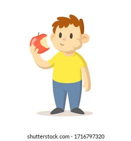 Kid eating big red apple. Colorful flat vector illustration, isolated on white background.