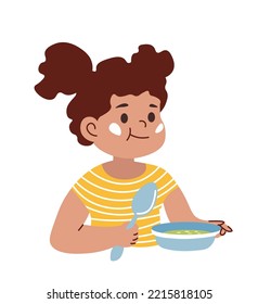 Niños desayunando o almorzando en la escuela o en casa. Un niño pequeño que cena, sopa o caldo. Ingredientes equilibrados y nutritivos para los niños pequeños. Personaje aislado, vector en ilustración de estilo plano