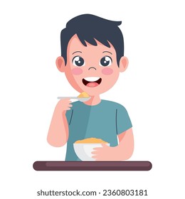 kid eating cereal with spoon isolated icon