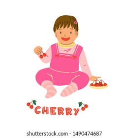 Kid eating cherry berry flat vector illustration. Caucasian girl child in pink romper, sitting toddler cartoon character. Healthy nutrition, vitamins for children, organic food isolated design element