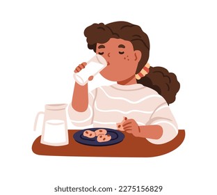 Kid eating cookies, drinking milk from glass. Girl, little child with sweet dessert, snack. Hungry schoolkid having meal, breakfast at table. Flat vector illustration isolated on white background