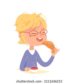 Kid eating croissant dessert on breakfast vector illustration. Cartoon boy with glasses drinking tea from cup, holding sweet delicious croissant in hands, food of early morning isolated on white