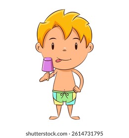 Kid eating flavored ice on a stick, swimwear, summer, drawing