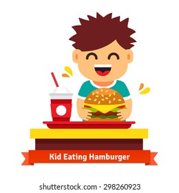 Kid eating hamburger and drinking at fast food table. Flat vector illustration isolated on white background.