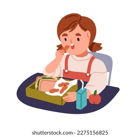 Kid eating homemade food in lunchbox. Happy child having healthy meal from lunch box. Cute school girl and nutritious snack with sandwich, juice. Flat vector illustration isolated on white background