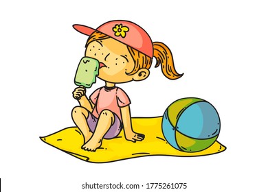 Kid eating ice cream. Isolated cute child girl sitting on beach and eating ice-cream. Vector happy kid person cartoon character licking ice-cream dessert icon. Summer vacation and childhood drawing
