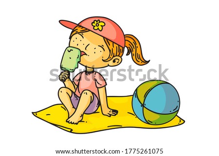 Kid eating ice cream. Isolated cute child girl sitting on beach and eating ice-cream. Vector happy kid person cartoon character licking ice-cream dessert icon. Summer vacation and childhood drawing