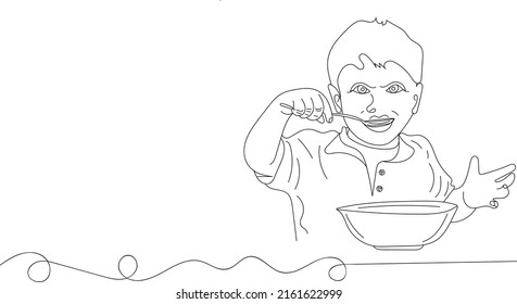 Kid Eating Logo, Kid Nutrition Vector,  Sketch Drawing Of Kid Eating In A Bowl, Line Art Vector Kid Food