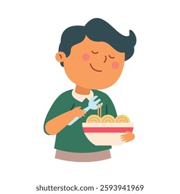 Kid eating noodles in bowl illustration