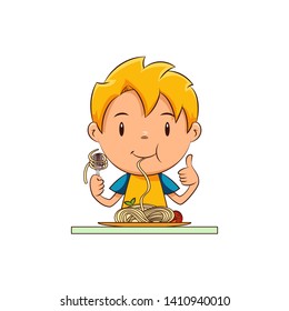 Kid eating pasta, happy cute child