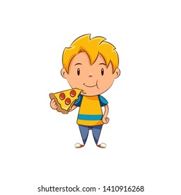 Kid eating pizza, happy cute child